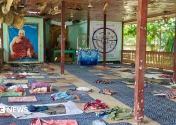 Mats and rugs can be seen on the floor of an open-walled space for meditation