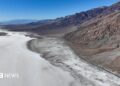 A view of Badwater Basin, a surreal salt flat, the lowest point in North America during extreme heat wave in Death Valley National Park of California, United States on August 2, 2026