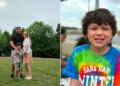 Split image of a family standing together on a grassy lawn and a close-up portrait of a smiling young boy wearing a tie-dye shirt.