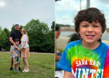 Split image of a family standing together on a grassy lawn and a close-up portrait of a smiling young boy wearing a tie-dye shirt.