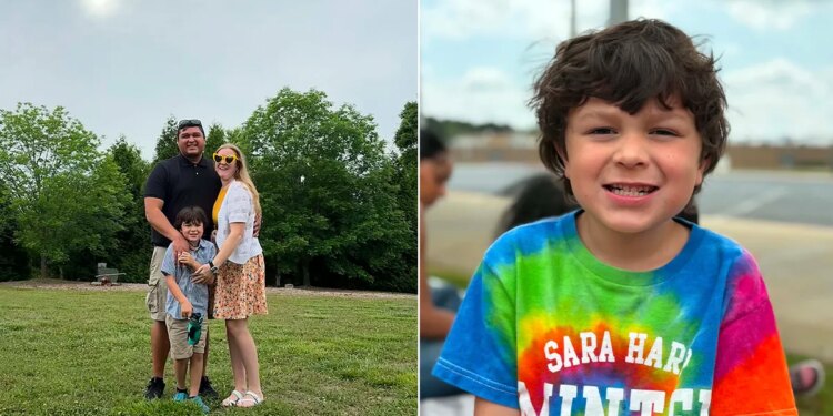 Split image of a family standing together on a grassy lawn and a close-up portrait of a smiling young boy wearing a tie-dye shirt.