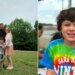 Split image of a family standing together on a grassy lawn and a close-up portrait of a smiling young boy wearing a tie-dye shirt.