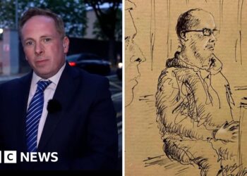 Kinahan court sketch split screen with Chris Page.