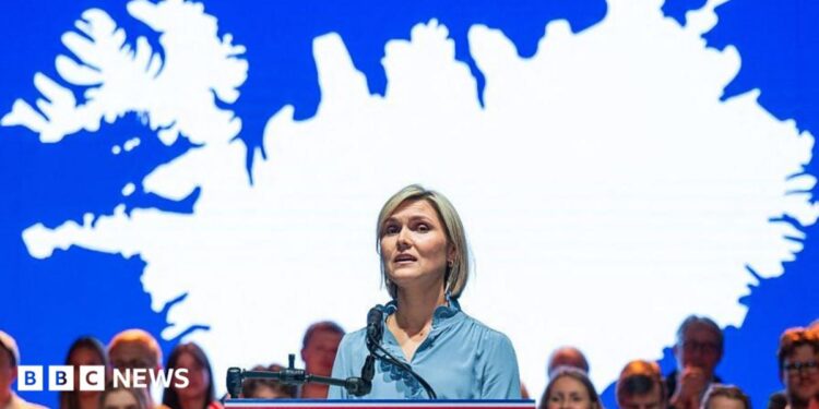 Iceland Prime Minister Kristrun Frostadottir participates in a listening session on the upcoming referendum on August 26, 2026 in Reykjavik, Iceland