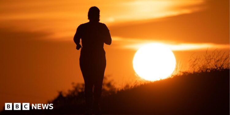 A woman jogs along a path as the sun rises in Frankfurt am Main, Germany, 09 July 2026.