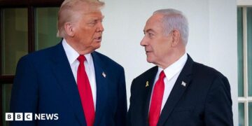 Donald Trump greets Israeli Prime Minister Benjamin Netanyahu as he arrives at the White House.