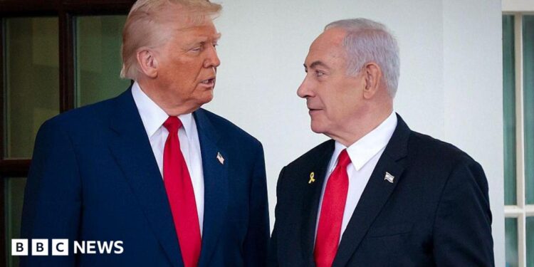 Donald Trump greets Israeli Prime Minister Benjamin Netanyahu as he arrives at the White House.