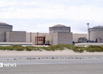 A still image of the Gravelines nuclear power plant, with three stone-coloured units connected by a large white wall, set behind a stretch of empty coast with the tide out.
