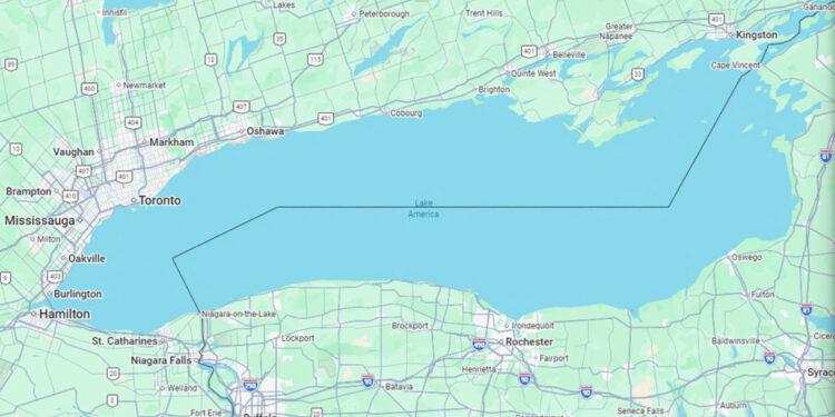 Map showing the name Lake America in place of Lake Ontario appears on Google Maps to U.S. users