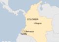 Map showing Colombia with a marker for the capital, Bogota, and the location of the mine, in the south of the country in Nariño province.