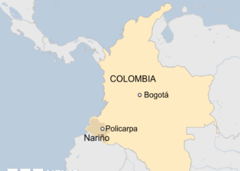 Map showing Colombia with a marker for the capital, Bogota, and the location of the mine, in the south of the country in Nariño province.