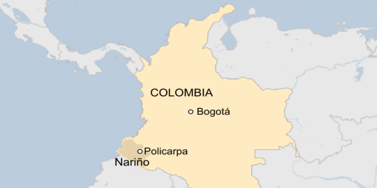 Map showing Colombia with a marker for the capital, Bogota, and the location of the mine, in the south of the country in Nariño province.