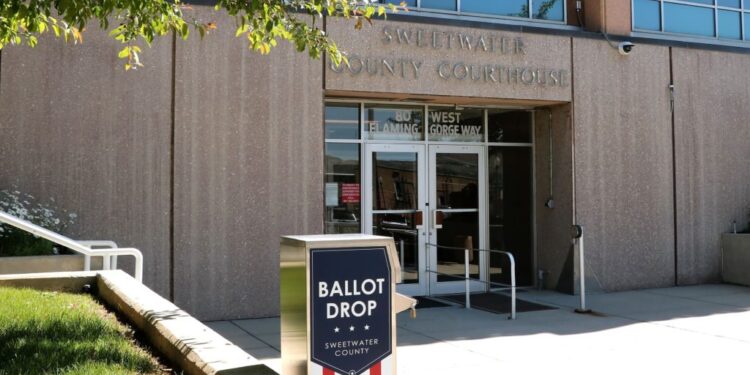 Sweetwater Wyoming County courthouse entrance showing drop off ballot box
