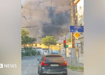 A plume of smoke rising over Novorossiysk