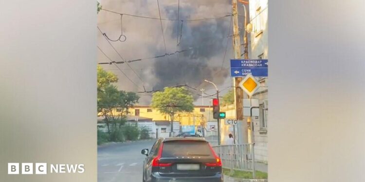 A plume of smoke rising over Novorossiysk