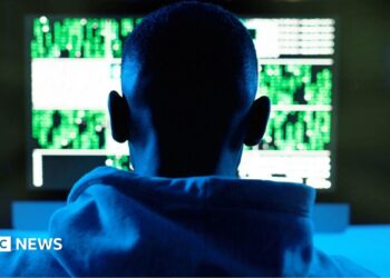 Rear view of a male model in a hoodie in front of a computer in South Africa