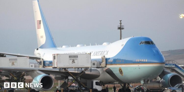 A view of the Air Force One plane in Turkey on July 8 with catering truck in the foreground