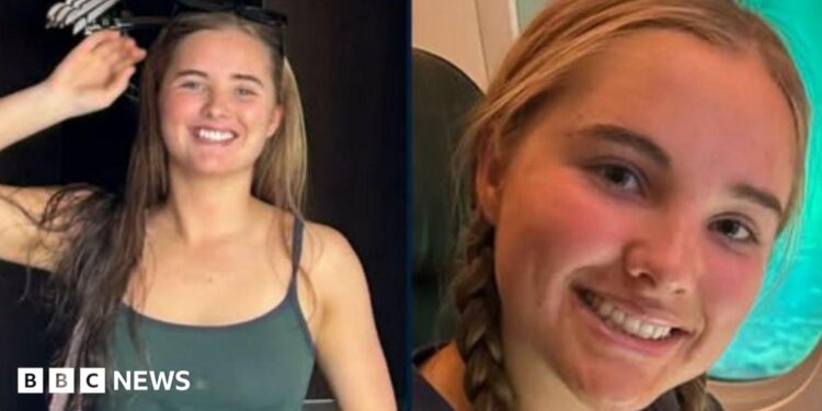 A blonde woman in a green singlet is pictured in the left. On the right, the same woman is seen sitting on a plane, with her hair in two plaits.