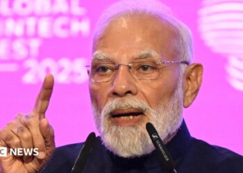 Indian Prime Minister Narendra Modi speaks at the Global Fintech Fest