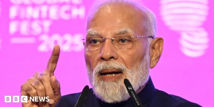 Indian Prime Minister Narendra Modi speaks at the Global Fintech Fest
