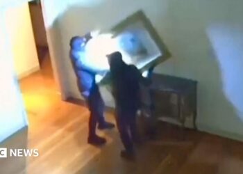 A still from CCTV footage shows two thieves taking artwork off a wall inside a museum in Italy.