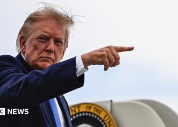 Donald Trump lifts his right arm up and points with his index finger. Part of the presidential seal can be seen behind him. He is looking to his right at the camera.