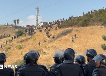 Spanish military personnel at the Tarajal border in Ceuta, Spain