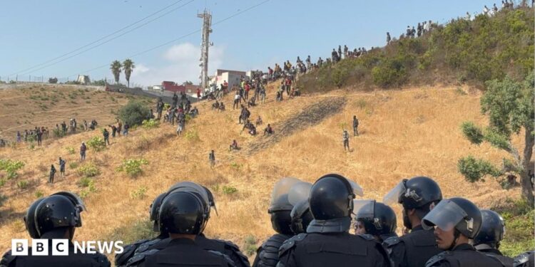 Spanish military personnel at the Tarajal border in Ceuta, Spain