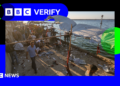 A photo from a cafe in western Gaza, following an Israeli strike, in a BBC Verify branded border.