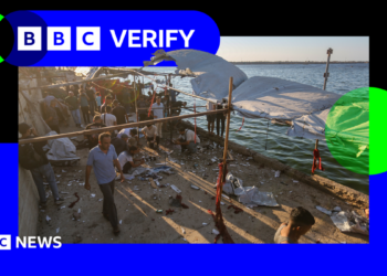 A photo from a cafe in western Gaza, following an Israeli strike, in a BBC Verify branded border.