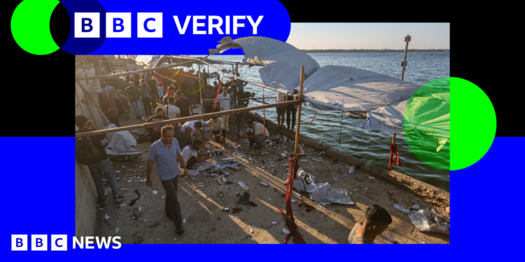 A photo from a cafe in western Gaza, following an Israeli strike, in a BBC Verify branded border.
