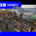 A photo from a cafe in western Gaza, following an Israeli strike, in a BBC Verify branded border.