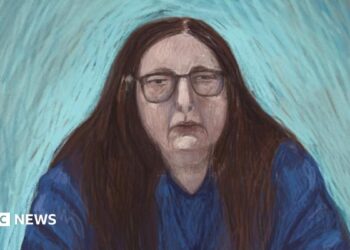 A courtroom sketch shows Erin Patterson attending proceedings via a video link from the Dame Phyllis Frost Centre, in the Victorian Court of Appeal in Melbourne, Australia, August 19,