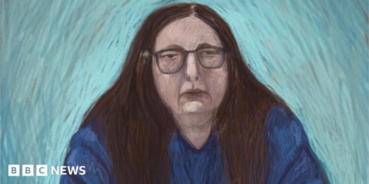 A courtroom sketch shows Erin Patterson attending proceedings via a video link from the Dame Phyllis Frost Centre, in the Victorian Court of Appeal in Melbourne, Australia, August 19,