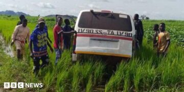 A group of men in Nigeria gather around a white vehicle that is stuck in a muddy rural area surrounded by long grass