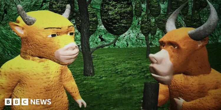 A screengrab from the movie shows a yellow cow standing against poorly illustrated trees and talking to a brown bull that is holding what appears to be a black block