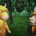 A screengrab from the movie shows a yellow cow standing against poorly illustrated trees and talking to a brown bull that is holding what appears to be a black block