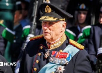 King Harald at the Welcoming Ceremony for the Danish King and Queen at the on May 14, 2024 in Oslo, Norway