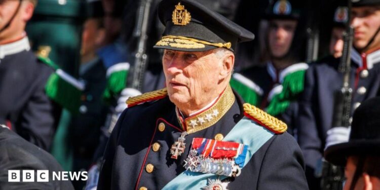 King Harald at the Welcoming Ceremony for the Danish King and Queen at the on May 14, 2024 in Oslo, Norway