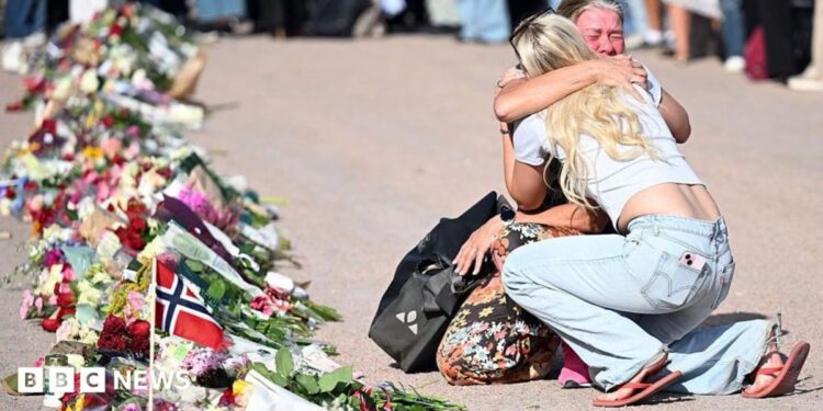 People are gathering at The Palace Square to pay their respect to King Harald V of Norway who is at Oslo University Hospital in a serious condition on August 27, 2026 in Oslo, Norway