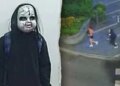 Split image showing a person in a cracked doll mask and hoodie beside surveillance footage of two people running along a street.