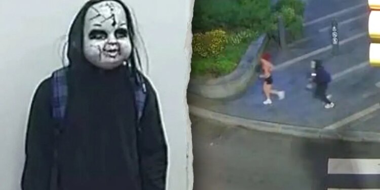 Split image showing a person in a cracked doll mask and hoodie beside surveillance footage of two people running along a street.