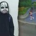Split image showing a person in a cracked doll mask and hoodie beside surveillance footage of two people running along a street.