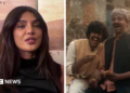 A composite of Priyanka on the left during the interview and a still from the film on the right showing two people embracing