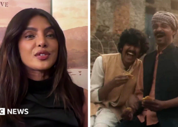A composite of Priyanka on the left during the interview and a still from the film on the right showing two people embracing