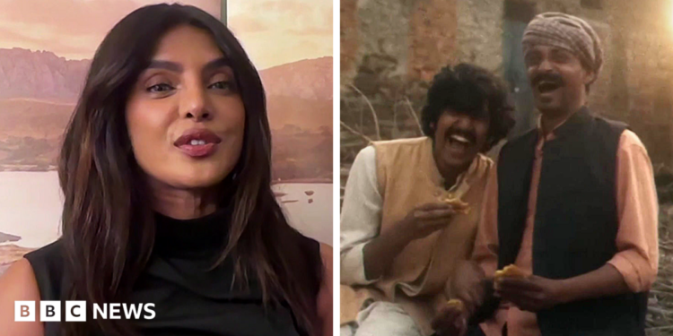 A composite of Priyanka on the left during the interview and a still from the film on the right showing two people embracing