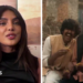 A composite of Priyanka on the left during the interview and a still from the film on the right showing two people embracing