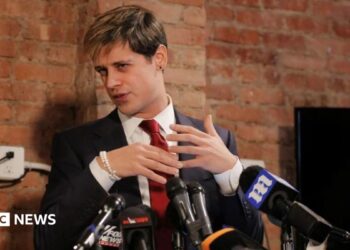 Yiannopoulos seen holding a news conference in 2017