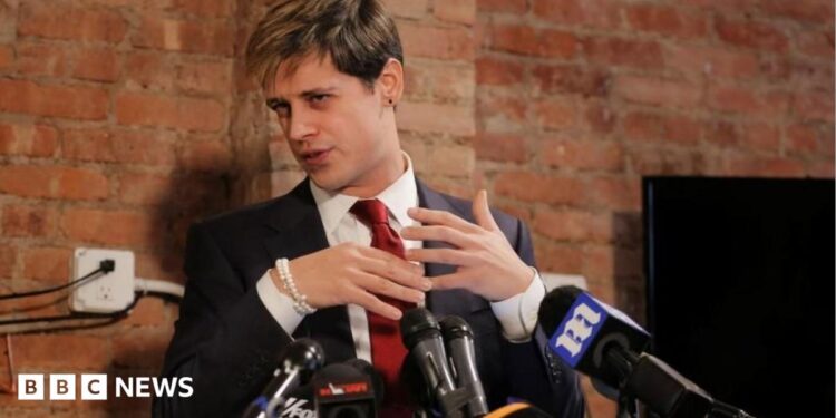Yiannopoulos seen holding a news conference in 2017