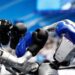 Humanoid robots by Unitree Robotics compete in the 80 kg class kickboxing quarterfinals during the 2026 World Humanoid Robot Games, at the National Speed Skating Oval, in Beijing, China August 23, 2026.